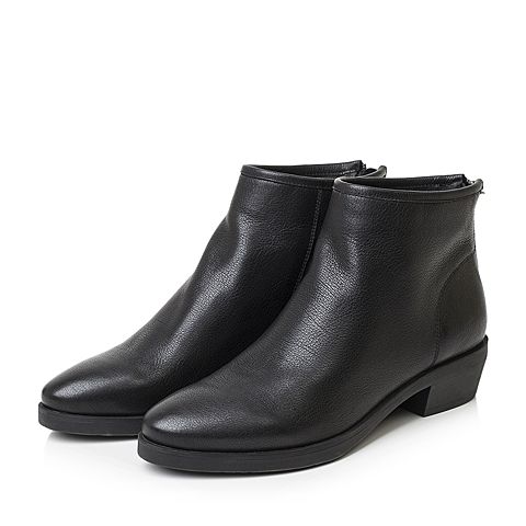 Bata/拔佳2018冬新款黑色牛皮革粗中跟尖头女皮靴及裸靴TSY12DD8