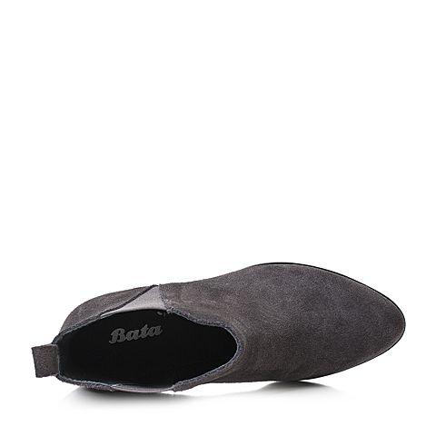 Bata/拔佳2018冬新款深灰色牛剖层革粗高跟绒面女皮靴切尔西靴及裸靴TSY19DD8