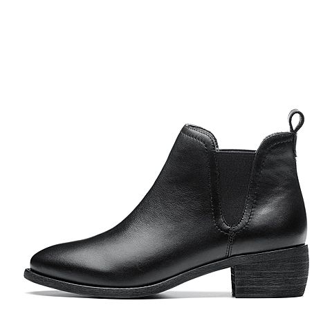Bata/拔佳2018冬新款专柜同款黑色牛皮革/纺织品粗中跟女皮靴切尔西靴RBE01DD8