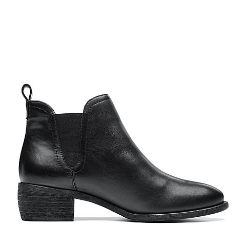 Bata/拔佳2018冬新款专柜同款黑色牛皮革/纺织品粗中跟女皮靴切尔西靴RBE01DD8