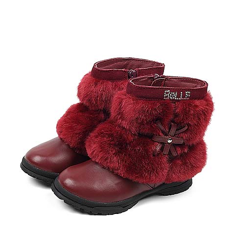 BELLE/百丽童鞋  冬季中童红色PU亲子款女靴 91119