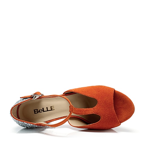 BELLE/百丽夏季桔色/银色混合材料女凉鞋3M239BL3