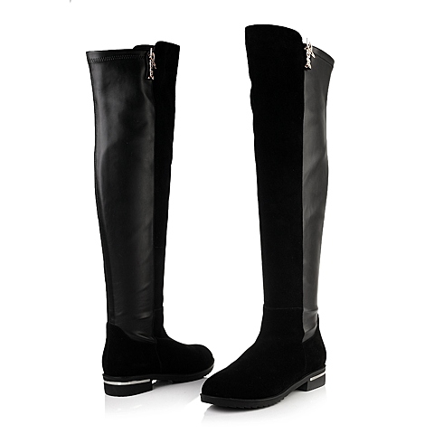 BELLE/百丽冬季黑色混合材料女长靴915-8DC3