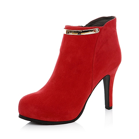 Belle/百丽红色羊绒皮3PQM5DD4女低靴冬季