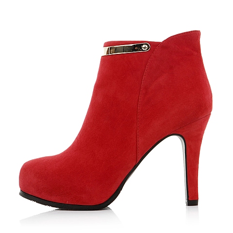 Belle/百丽红色羊绒皮3PQM5DD4女低靴冬季