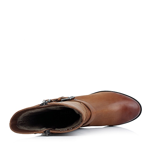 Belle/百丽棕色油蜡牛皮BCV65DZ4女靴（绒里）冬季