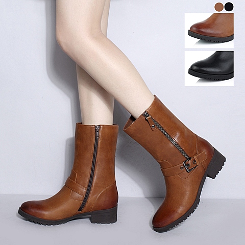Belle/百丽棕色油蜡牛皮BCV65DZ4女靴（绒里）冬季