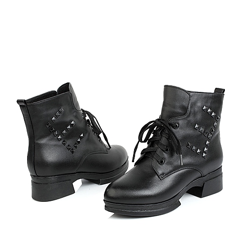 Belle/百丽黑色牛皮48121DD4女低靴（绒里）冬季