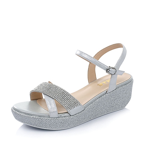 Belle/百丽夏季专柜同款银白贴膜羊皮/浅灰绒布女凉鞋BFU33BL4