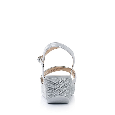 Belle/百丽夏季专柜同款银白贴膜羊皮/浅灰绒布女凉鞋BFU33BL4