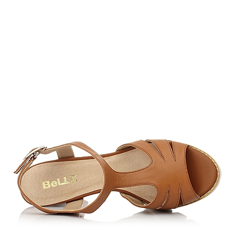 BELLE/百丽年夏季棕色牛皮纯色粗跟女凉鞋9B5-2BL5
