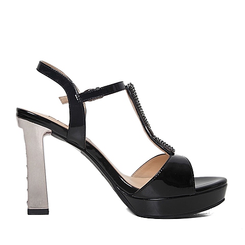 BELLE/百丽夏季专柜同款黑色漆皮牛皮优雅时尚女凉鞋BCAA7BL5