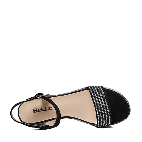 BELLE/百丽夏季专柜同款黑色羊皮钻饰一字带女凉鞋BFUA1BL5