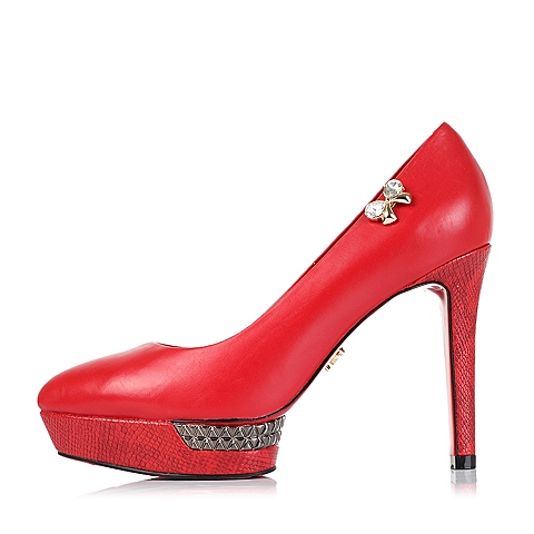 BELLE/百丽秋专柜同款红优雅通勤胎牛皮女单鞋N9W2DCQ5