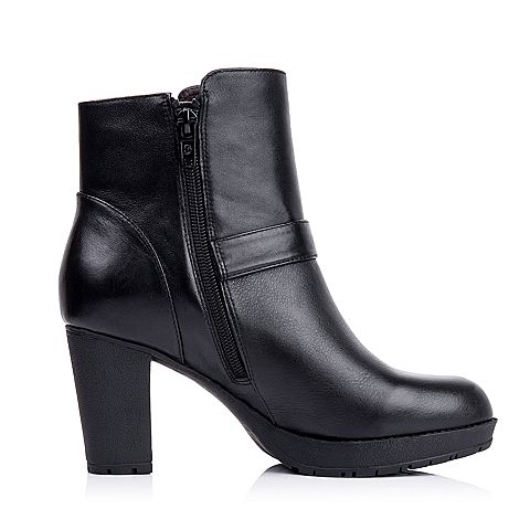 BELLE/百丽冬季专柜同款黑色软牛皮女短靴BDP47DD5