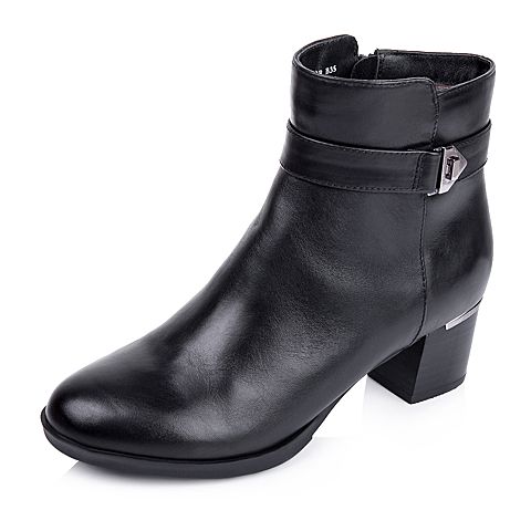 BELLE/百丽冬季专柜同款黑色小牛皮女短靴BFN47DD5