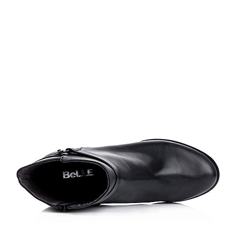 BELLE/百丽冬季专柜同款黑色小牛皮女短靴BFN47DD5