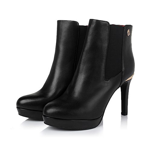 BELLE/百丽冬专柜同款优雅女人黑小牛皮革女短靴3PQV7DD5