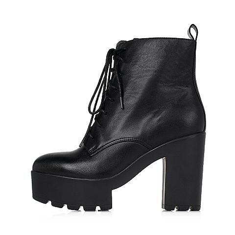 BELLE/百丽冬专柜同款黑软牛皮时尚摩登女短靴BHK44DD5
