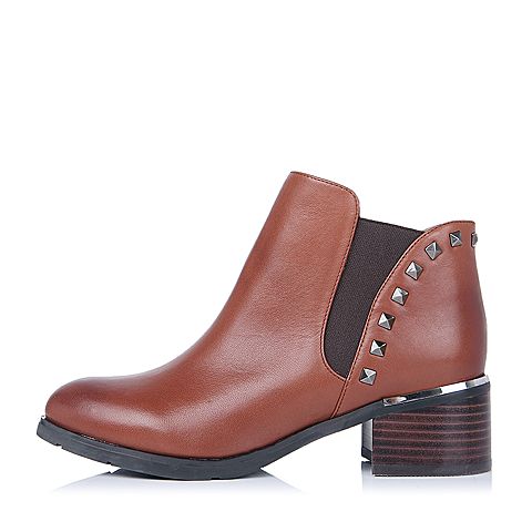 BELLE/百丽冬季专柜同款棕色小牛皮女短鞋BJH20DD5