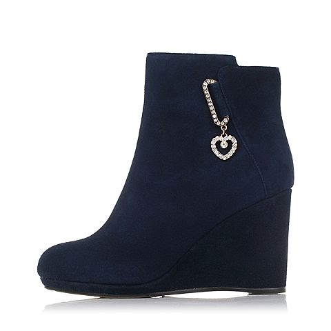 BELLE/百丽冬季专柜同款宝蓝色羊绒皮革女短靴P7H1DDD5