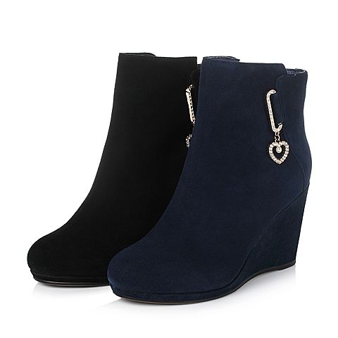 BELLE/百丽冬季专柜同款宝蓝色羊绒皮革女短靴P7H1DDD5
