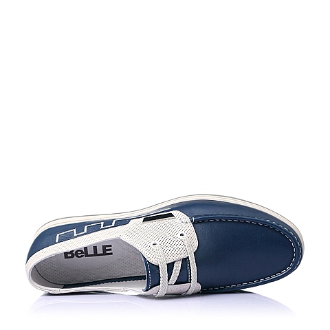 BELLE/百丽春季专柜同款蓝/米白打蜡牛皮时尚平跟男休闲鞋3RF01BM5