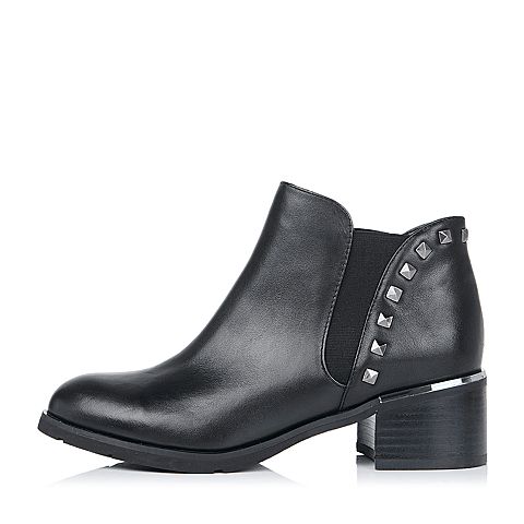 BELLE/百丽冬季专柜同款黑色小牛皮女短靴（绒里）BJH20DD5