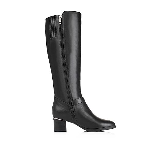 BELLE/百丽冬专柜同款黑软牛皮经典女长靴(绒里)BFN74DG5