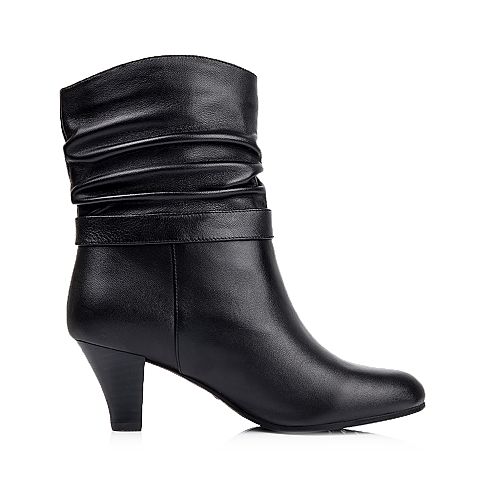 BELLE/百丽冬专柜同款优雅女人黑羊皮革女靴(绒里）3EK68DZ5