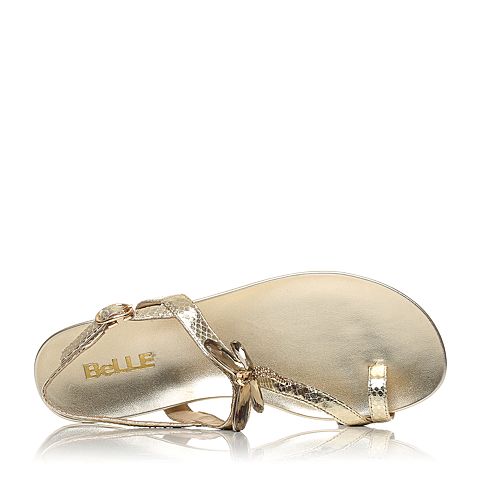 BELLE/百丽夏季专柜同款金色羊皮简约套趾女凉鞋3DSD6BL5