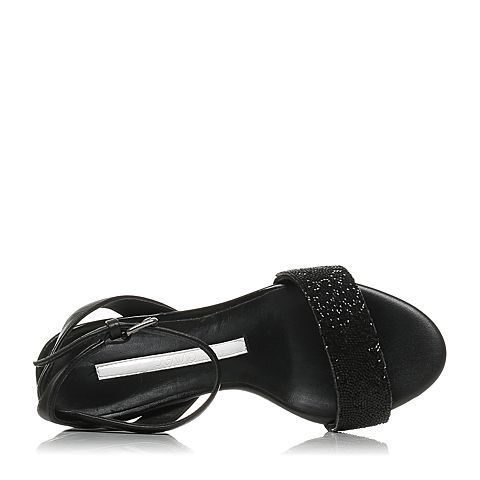 BELLE/百丽精品夏季专柜同款黑色小牛皮一字带女凉鞋MPU31BL5