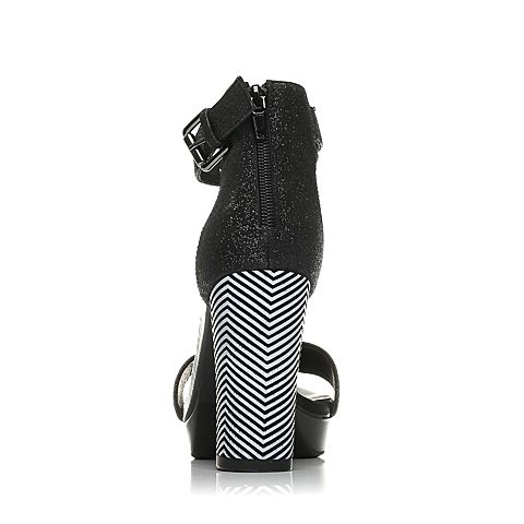 BELLE/百丽精品夏季专柜同款黑色亮片布一字带女凉鞋MLC36BL5