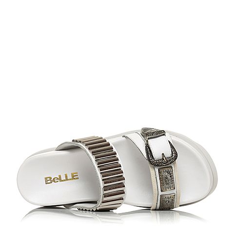 BELLE/百丽夏季专柜同款白色白牛皮女拖鞋P6P2DBT5
