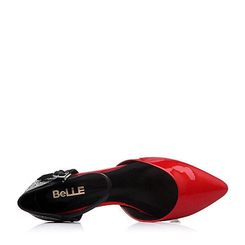 BELLE/百丽春季红色珠光牛皮平跟优雅女凉鞋7-333AK6