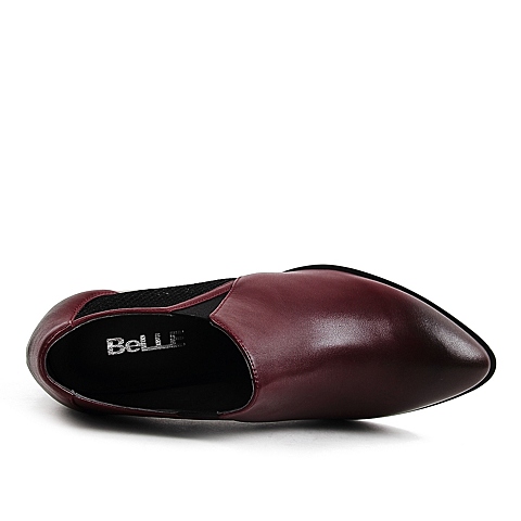 BELLE/百丽春季专柜同款酒红/黑牛皮女单鞋BJM24AM6