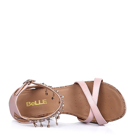 BELLE/百丽夏羊皮粉色简约通勤坡跟女凉鞋3RME9BL6