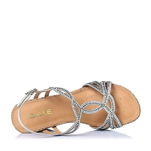 BELLE/百丽夏季银色山羊皮革优雅钻饰坡跟女凉鞋3RME4BL6