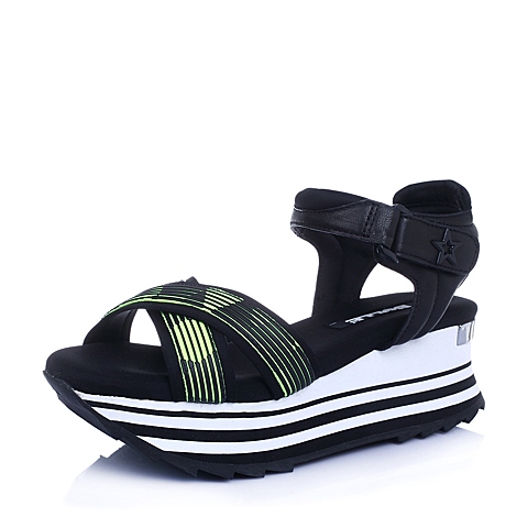 BELLE/百丽夏专柜同款绿黑/黑色织物运动风女凉鞋BHEA3BL6