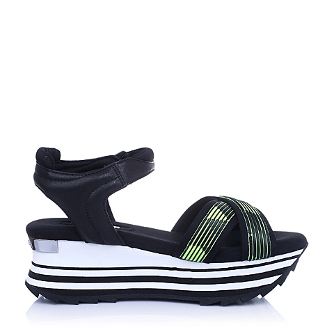BELLE/百丽夏专柜同款绿黑/黑色织物运动风女凉鞋BHEA3BL6