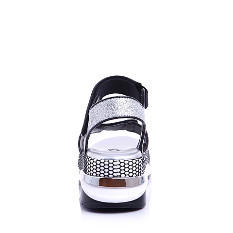 BELLE/百丽夏季专柜同款银/黑织物运动风厚底女凉鞋BKF34BL6
