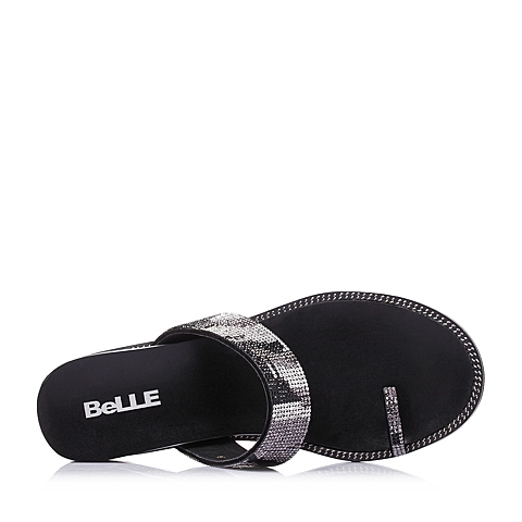 BELLE/百丽夏季黑色羊剖层革休闲坡跟女鞋162-2BT6