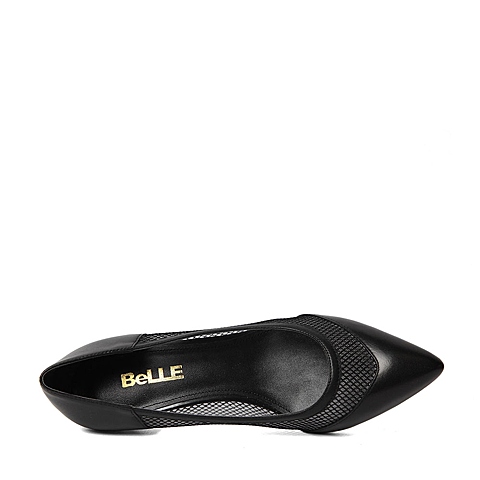 BELLE/百丽春季专柜同款黑色胎皮牛皮浅口女单鞋3W4D7AQ6