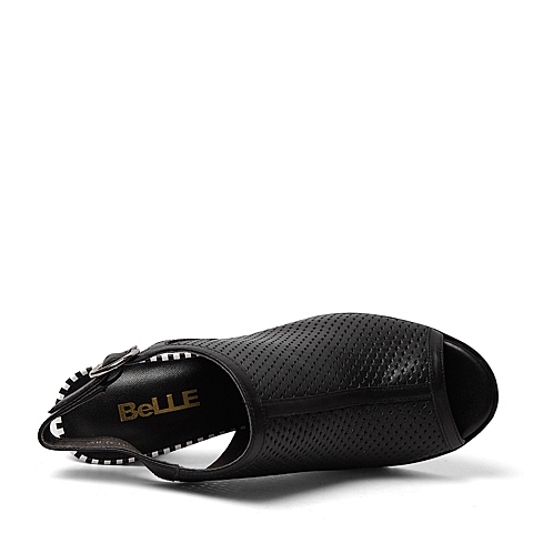 BELLE/百丽春季专柜同款黑色牛皮女凉鞋3Y438AL6
