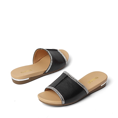 BELLE/百丽夏季专柜同款黑色牛皮革女凉鞋3DSF3BT6
