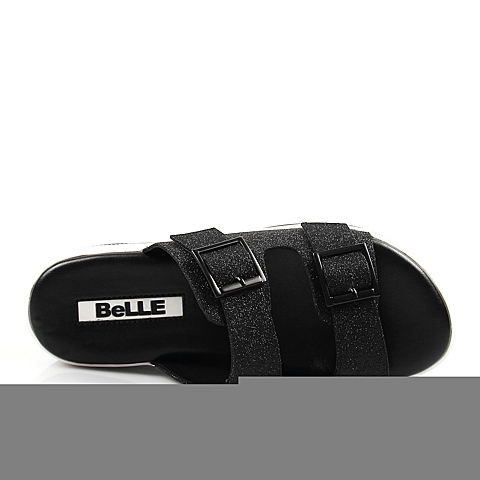 BELLE/百丽夏季专柜同款黑亮片布女凉鞋BKG30BT6