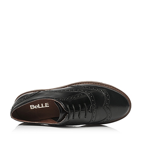 BELLE/百丽秋专柜同款黑牛皮复古布洛克纹女单鞋BMN23CM6
