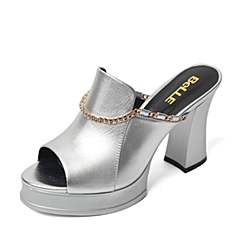Belle/百丽夏季专柜同款银色金属牛皮女凉鞋Q4V1DBT6