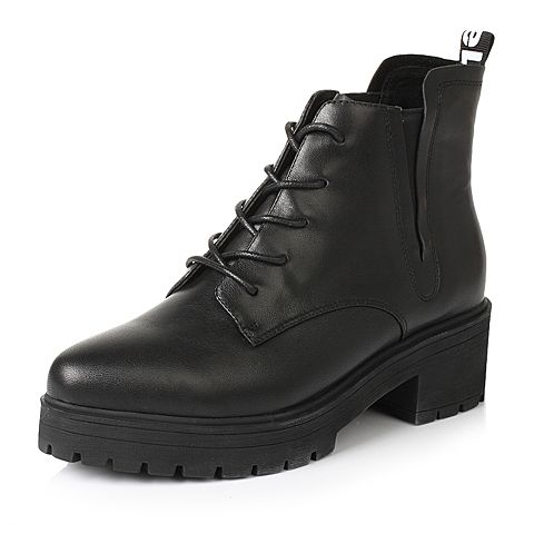 BELLE/百丽冬季专柜同款黑色牛皮革女短靴Q5W1DDD6