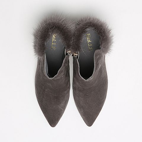 BELLE/百丽冬灰色羊绒皮革女皮靴890-1DD6